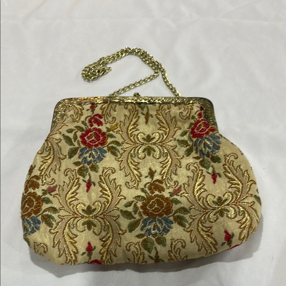 Vintage Gold Red Floral Tapestry Clutch with Gold Chain - Picture 2 of 5